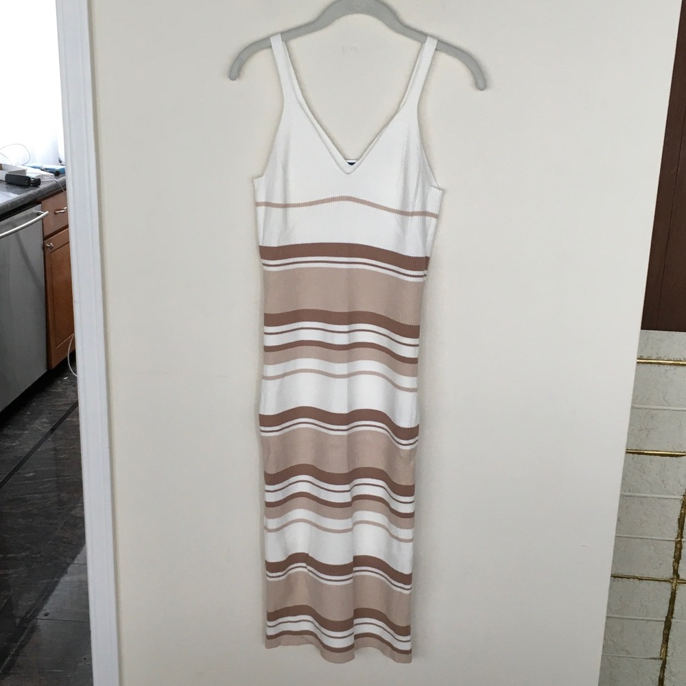 Striped V-Neck Knit Maxi Dress - White & Taupe
